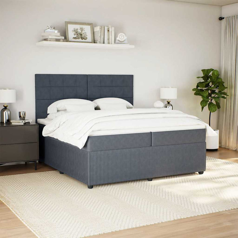 Pat box spring cu saltea, gri închis, 200x200 cm, catifea