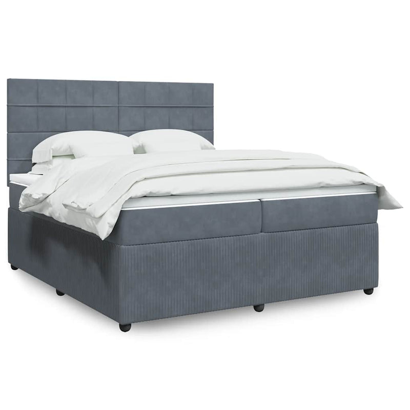 Pat box spring cu saltea, gri închis, 200x200 cm, catifea