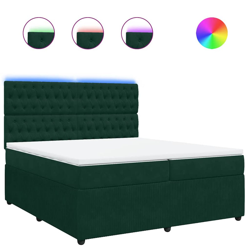 Pat box spring cu saltea, verde închis, 200x200 cm, catifea