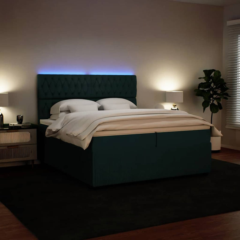 Pat box spring cu saltea, verde închis, 200x200 cm, catifea