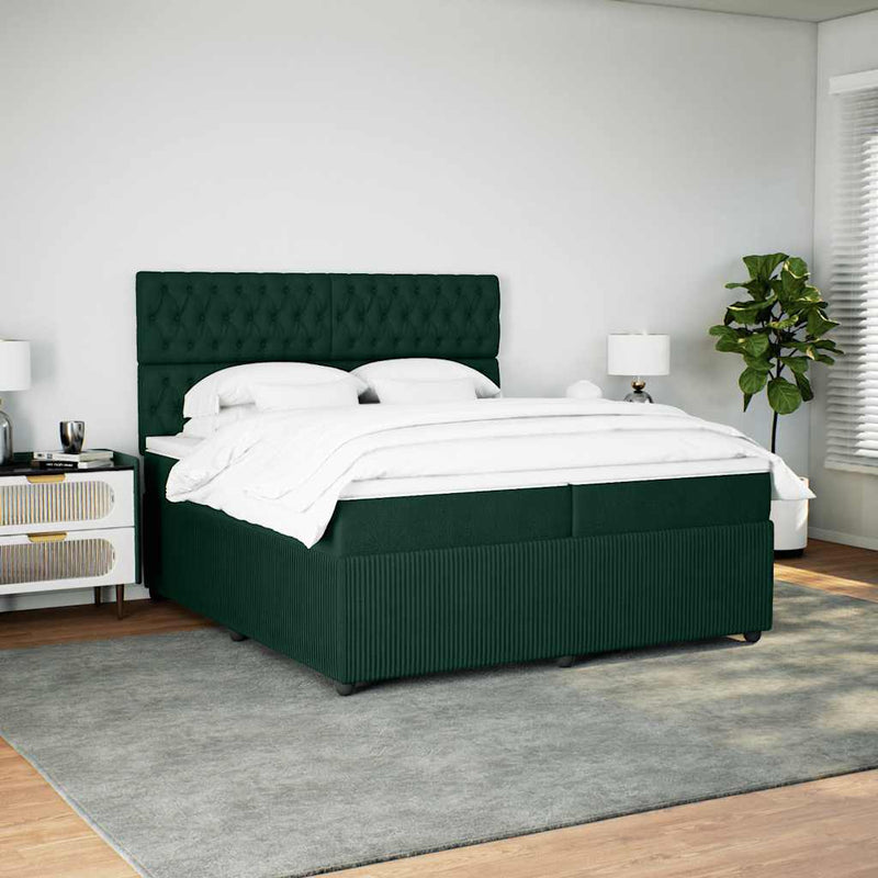 Pat box spring cu saltea, verde închis, 200x200 cm, catifea