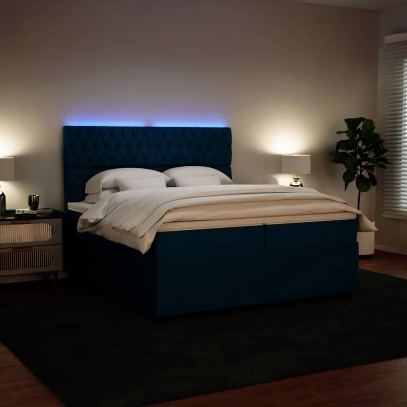 Pat box spring cu saltea, albastru, 200x200 cm, catifea