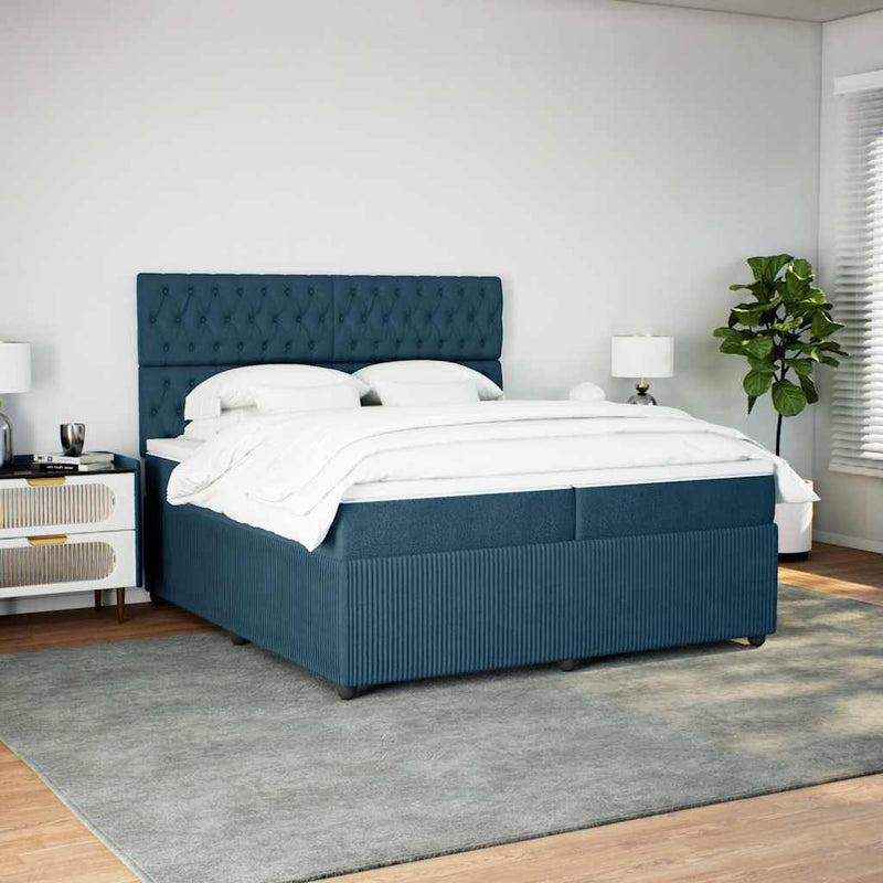 Pat box spring cu saltea, albastru, 200x200 cm, catifea