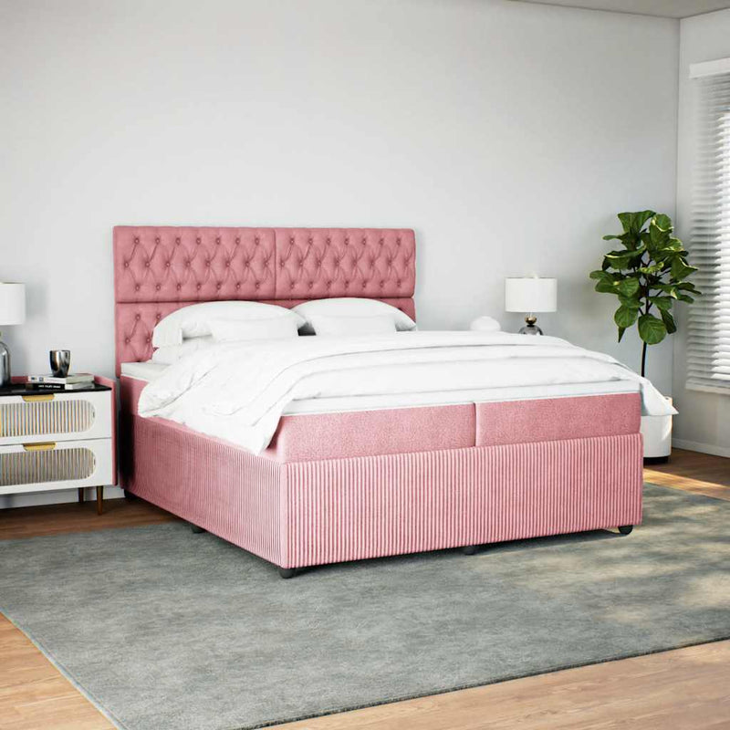 Pat box spring cu saltea, roz, 200x200 cm, catifea