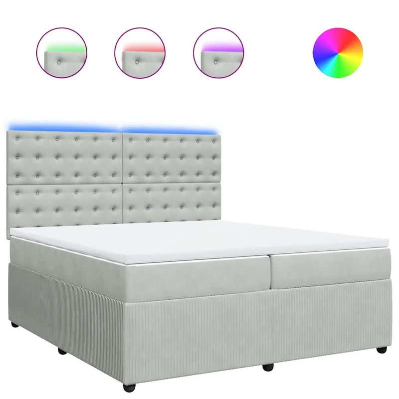 Pat box spring cu saltea, gri deschis, 200x200 cm, catifea