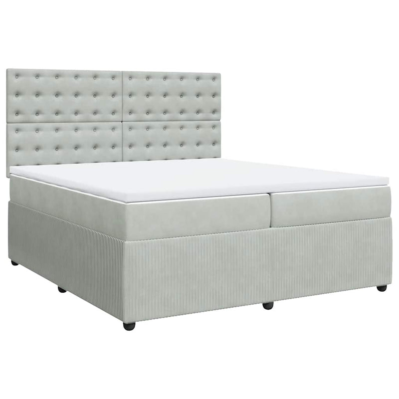 Pat box spring cu saltea, gri deschis, 200x200 cm, catifea