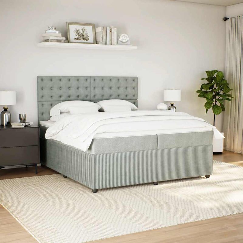 Pat box spring cu saltea, gri deschis, 200x200 cm, catifea