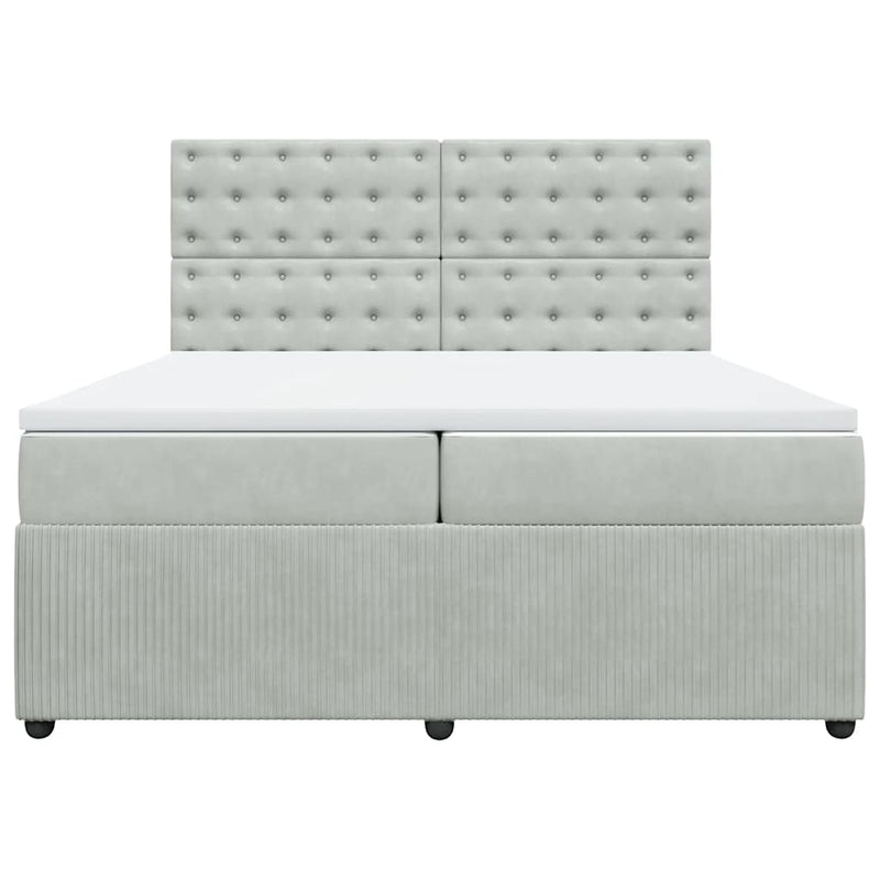 Pat box spring cu saltea, gri deschis, 200x200 cm, catifea