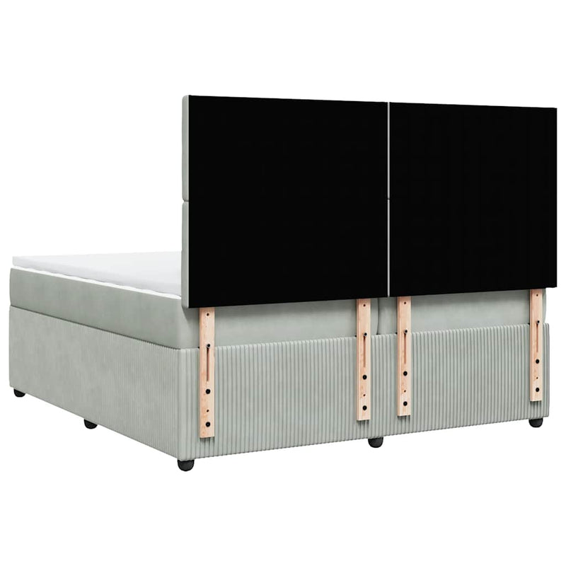 Pat box spring cu saltea, gri deschis, 200x200 cm, catifea