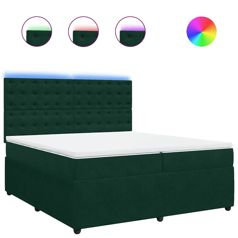 Pat box spring cu saltea, verde închis, 200x200 cm, catifea