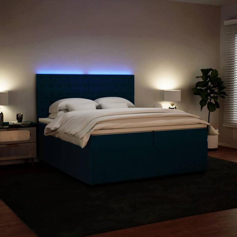 Pat box spring cu saltea, albastru, 200x200 cm, catifea