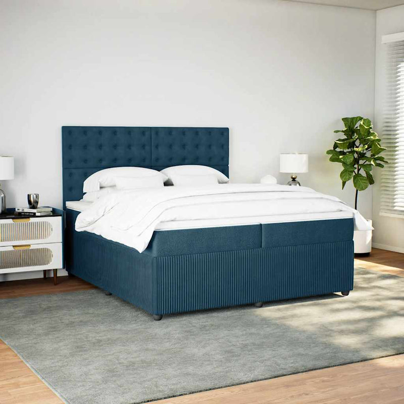 Pat box spring cu saltea, albastru, 200x200 cm, catifea