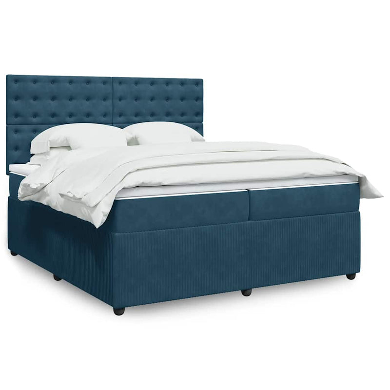 Pat box spring cu saltea, albastru, 200x200 cm, catifea