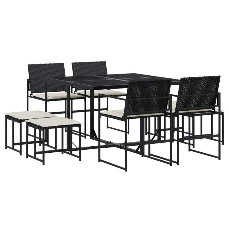 Set mobilier de grădină cu perne, 9 piese, negru, poliratan