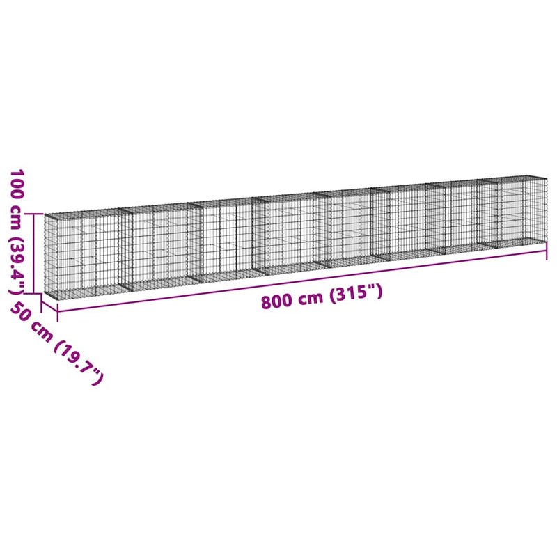 Coș gabion cu capac, 800x50x100 cm, fier galvanizat