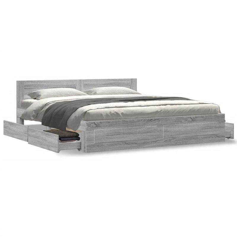 Cadru de pat cu tăblie gri sonoma 200x200 cm lemn prelucrat