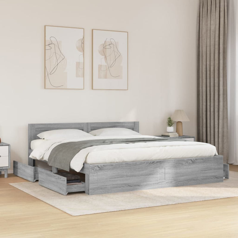 Cadru de pat cu tăblie gri sonoma 200x200 cm lemn prelucrat