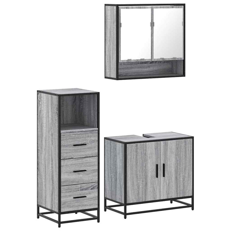 Set mobilier de baie, 3 piese, gri sonoma, lemn prelucrat