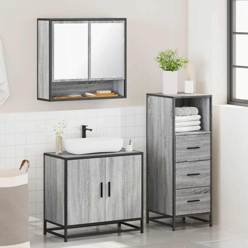 Set mobilier de baie, 3 piese, gri sonoma, lemn prelucrat