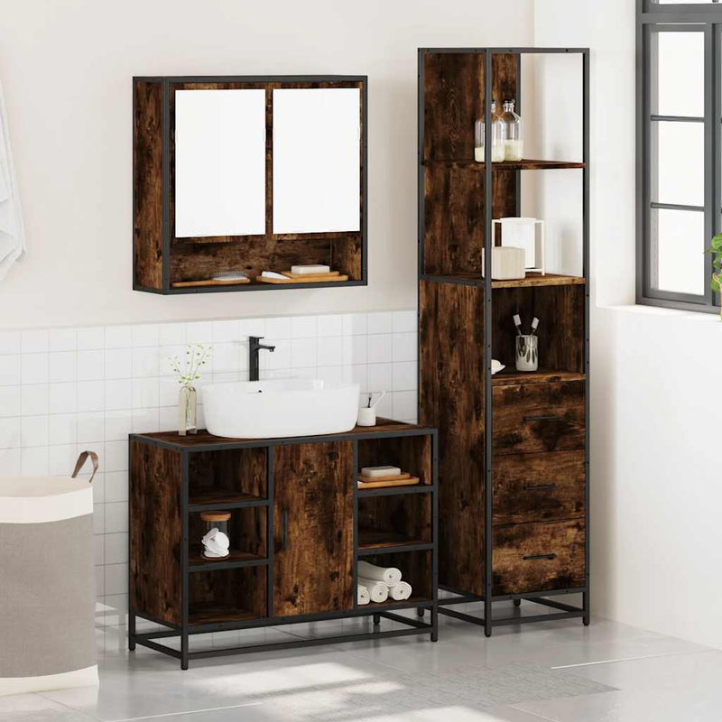 Set de mobilier de baie din 3 piese din lemn de stejar afumat