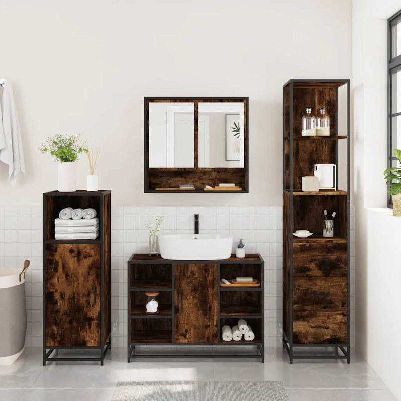 Set de mobilier de baie din 3 piese din lemn de stejar afumat