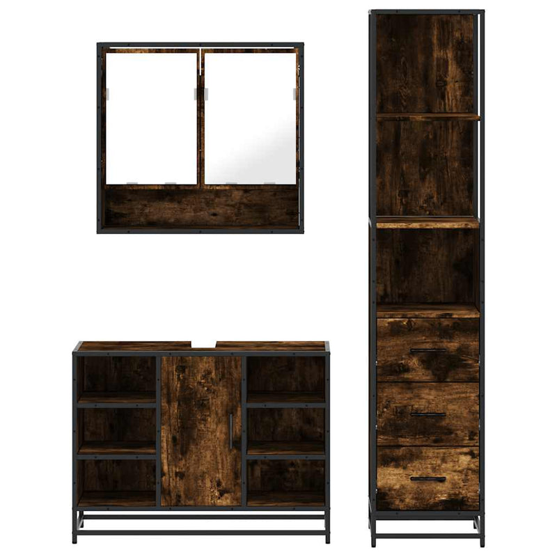 Set de mobilier de baie din 3 piese din lemn de stejar afumat