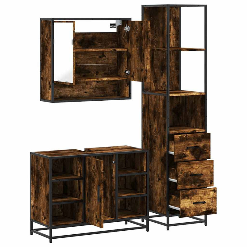 Set de mobilier de baie din 3 piese din lemn de stejar afumat
