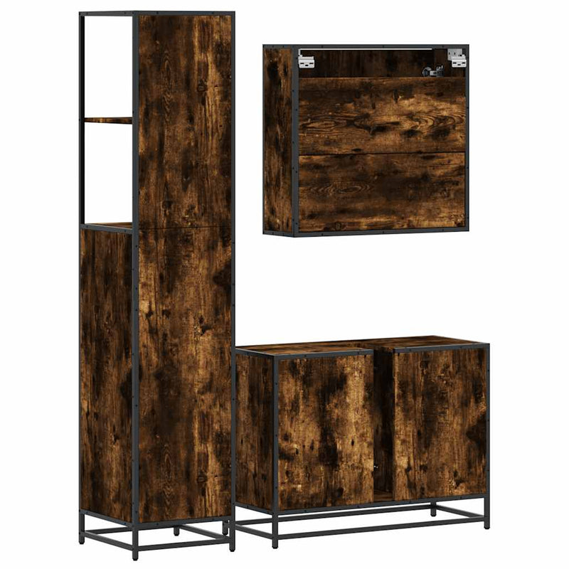 Set de mobilier de baie din 3 piese din lemn de stejar afumat