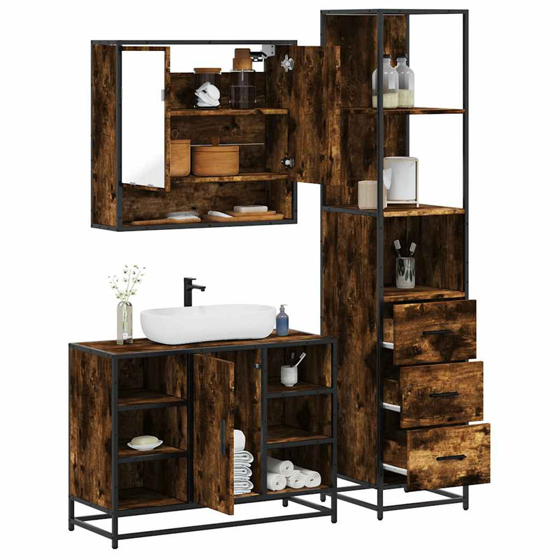Set de mobilier de baie din 3 piese din lemn de stejar afumat