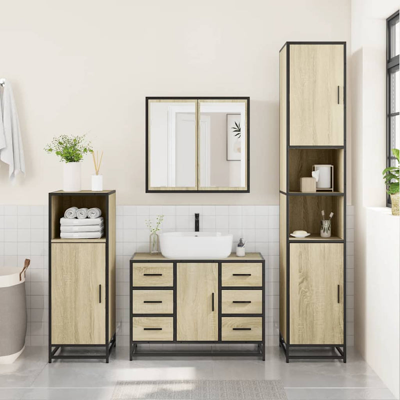 Set de mobilier de baie din 4 piese din lemn de stejar Sonoma