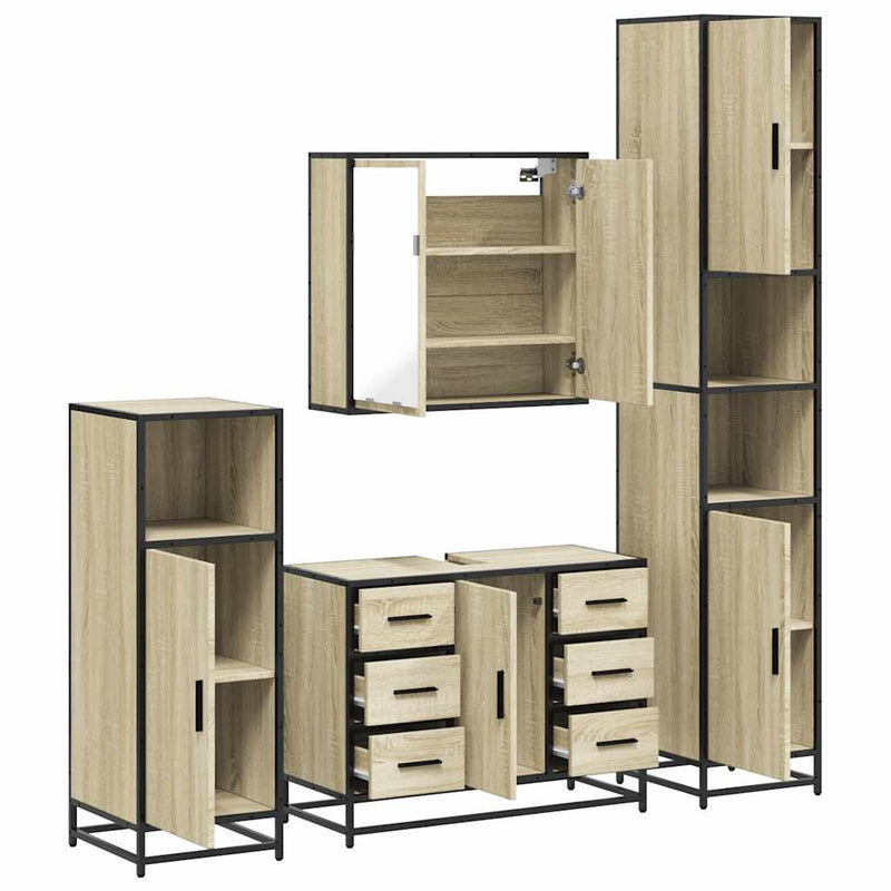 Set de mobilier de baie din 4 piese din lemn de stejar Sonoma