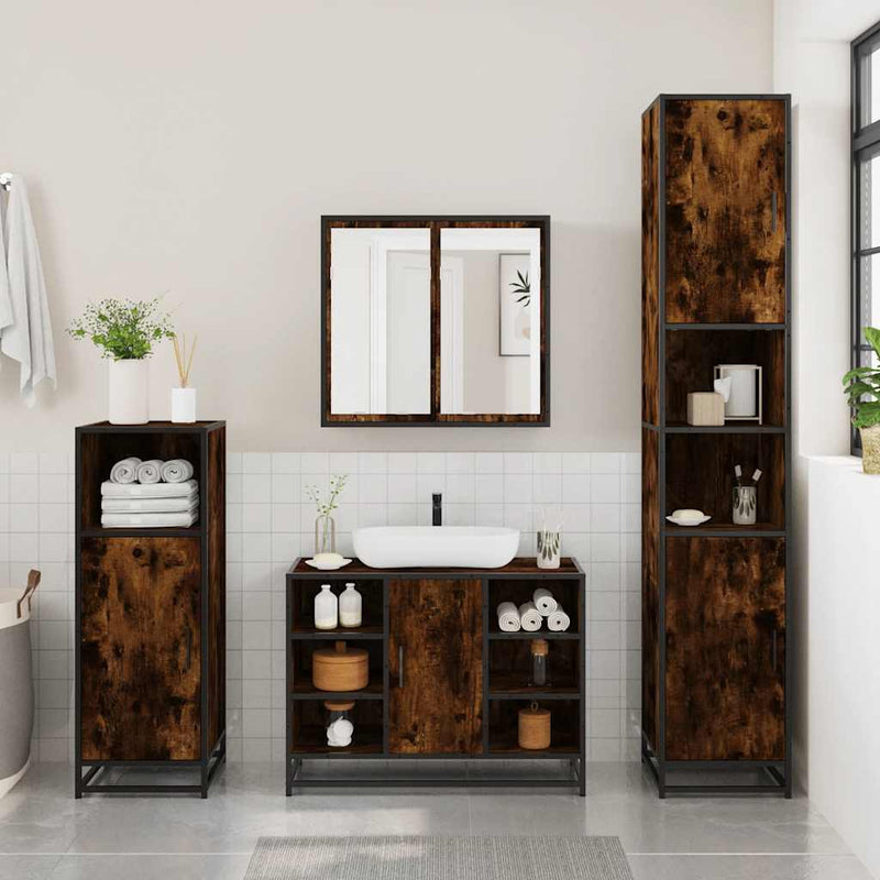 Set de mobilier de baie 4 piese Lemn prelucrat de stejar afumat