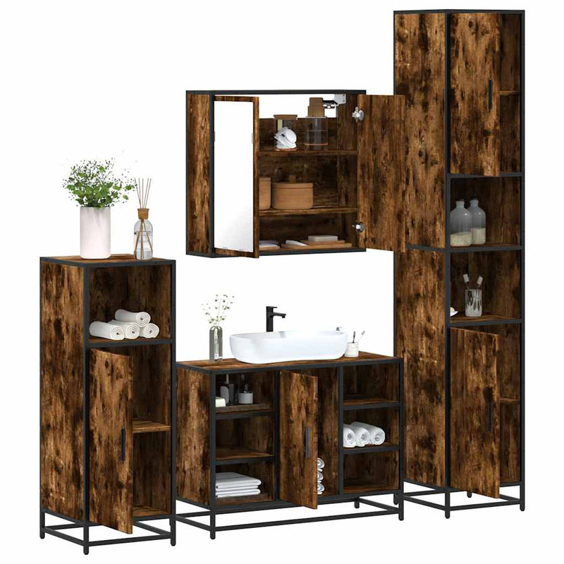 Set de mobilier de baie 4 piese Lemn prelucrat de stejar afumat