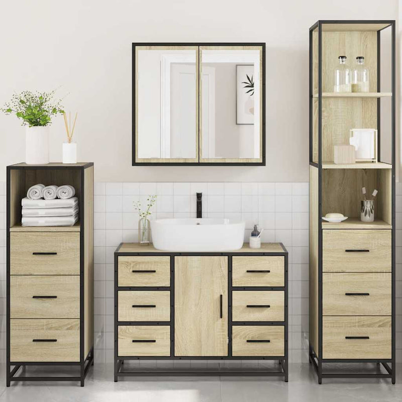 Set de mobilier de baie din 4 piese din lemn de stejar Sonoma