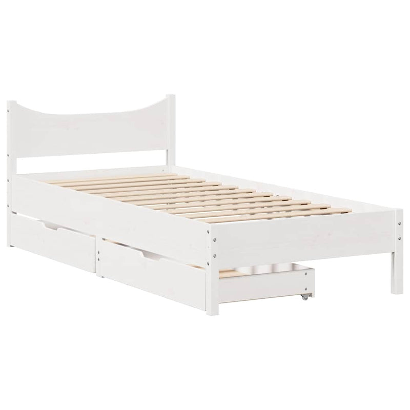 Cadru de pat cu sertare, alb, 75x190 cm, lemn masiv de pin