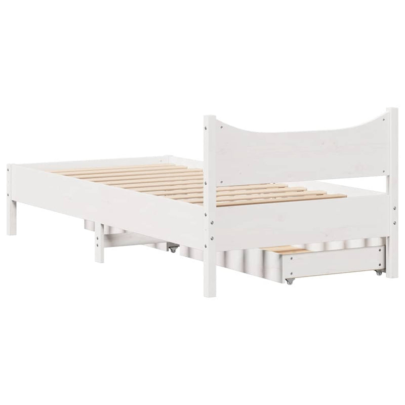 Cadru de pat cu sertare, alb, 75x190 cm, lemn masiv de pin