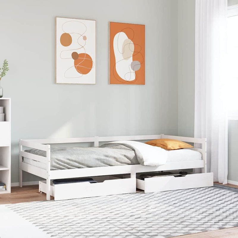 Pat de zi cu sertare, alb, 90x200 cm, lemn masiv pin