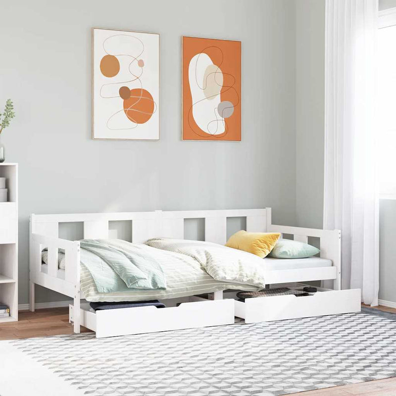 Pat de zi cu sertare, alb, 90x200 cm, lemn masiv pin