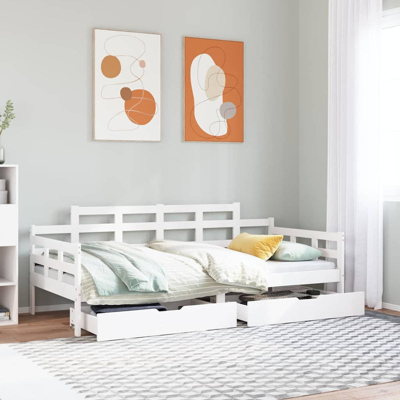 Pat de zi cu sertare, alb, 80x200 cm, lemn masiv pin