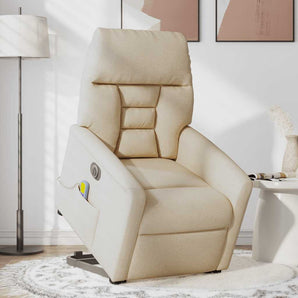 Fotoliu electric de masaj rabatabil cu ridicare, crem, textil