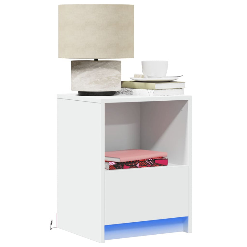 Noptiere cu lumini LED, 2 buc., alb, lemn prelucrat