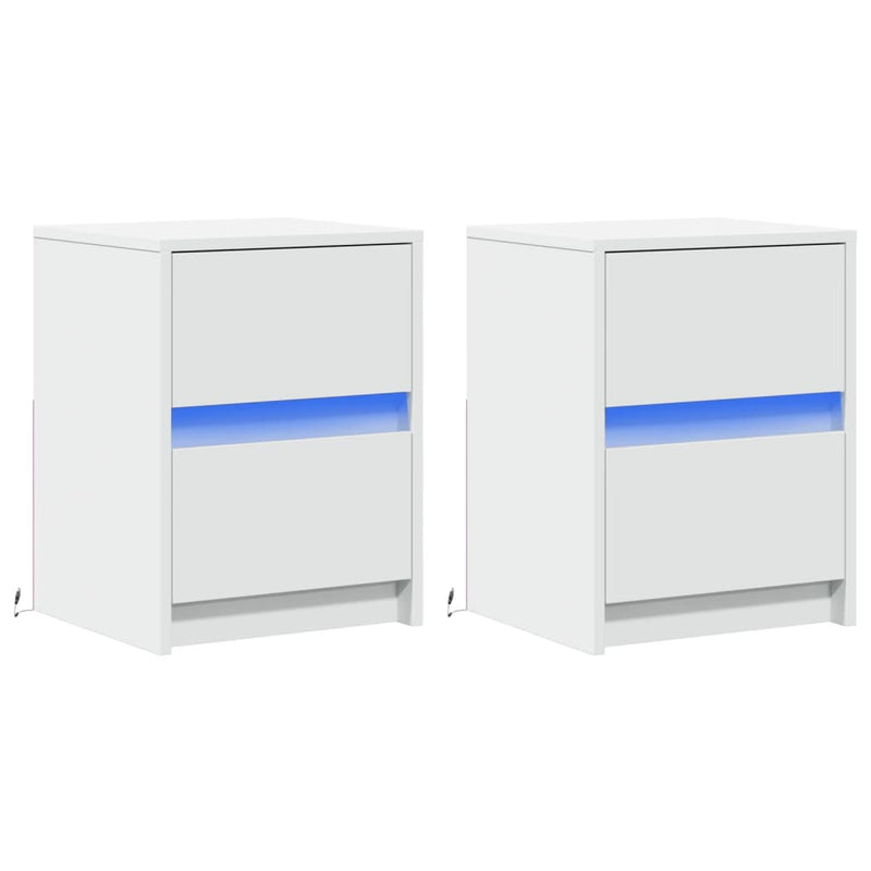 Noptiere cu lumini LED, 2 buc., alb, lemn prelucrat