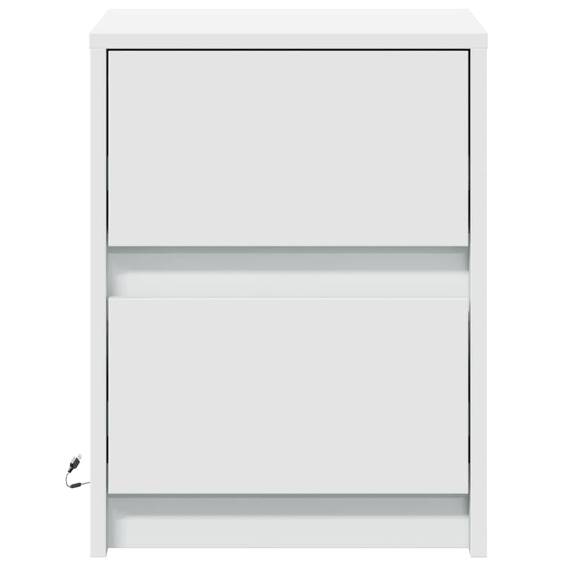 Noptiere cu lumini LED, 2 buc., alb, lemn prelucrat