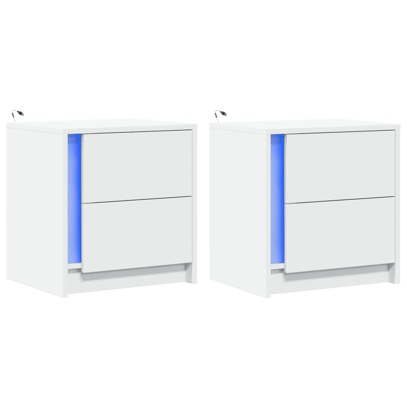 Noptiere cu lumini LED, 2 buc., alb, lemn prelucrat