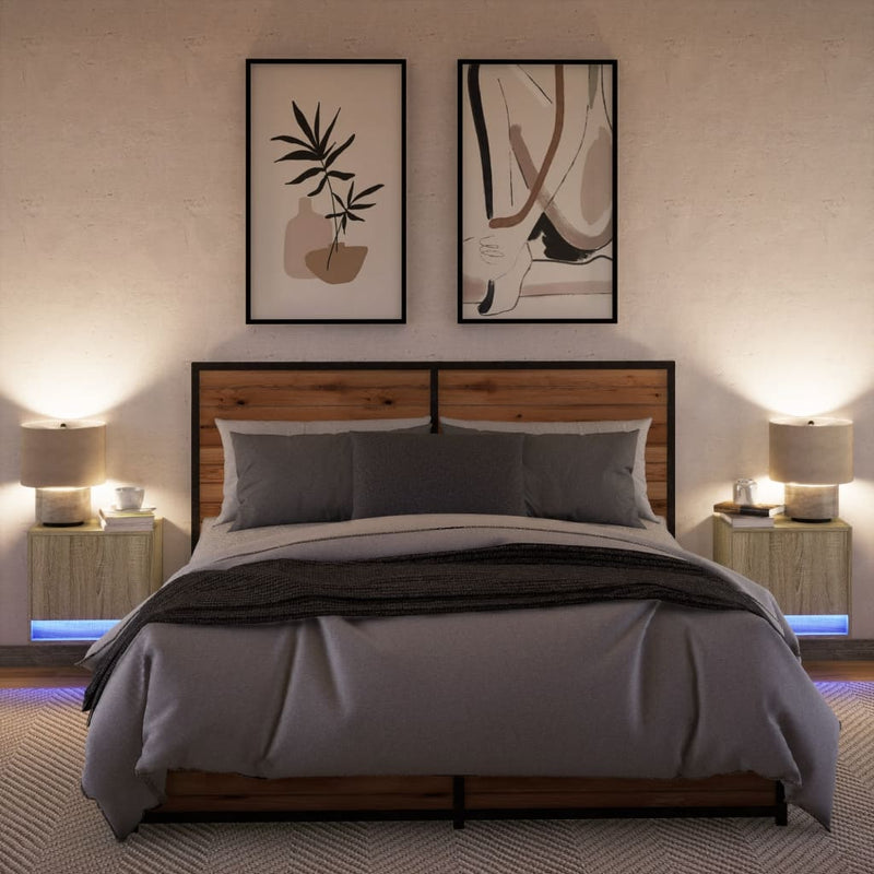 Noptiere montate pe perete cu lumini LED, 2 buc., stejar sonoma