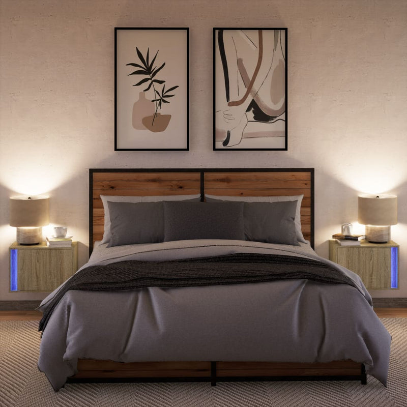 Noptiere montate pe perete cu lumini LED, 2 buc., stejar sonoma