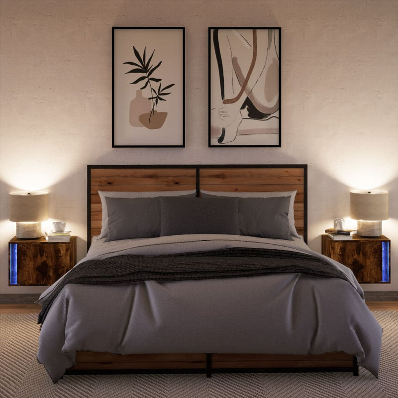 Noptiere montate pe perete cu lumini LED, 2 buc.,stejar fumuriu