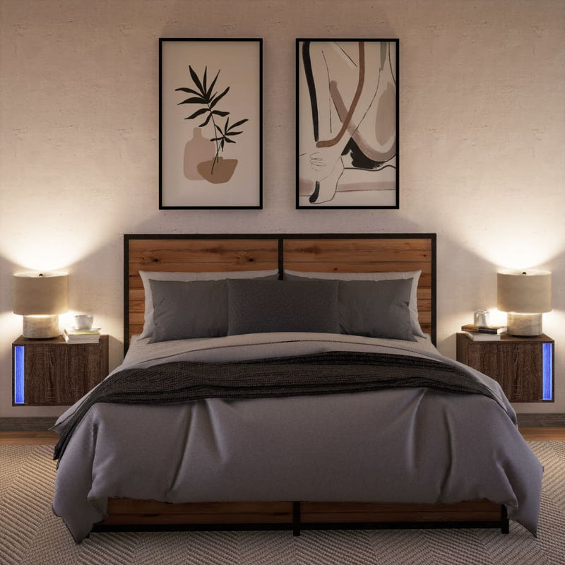 Noptiere montate pe perete cu lumini LED, 2 buc., stejar maro