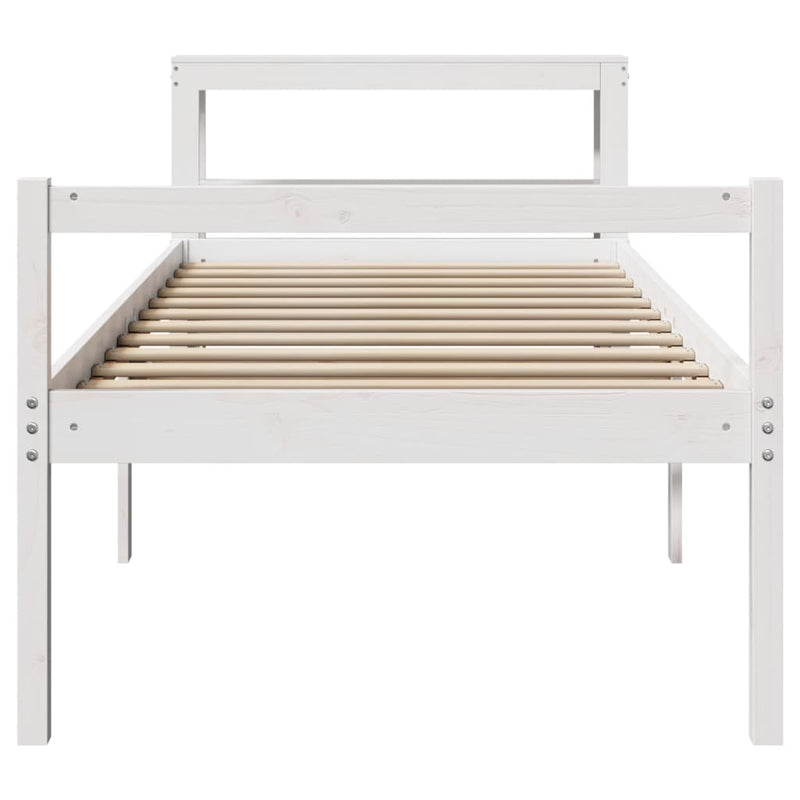 Cadru de pat senior cu tăblie, alb, 75x190 cm, lemn masiv pin