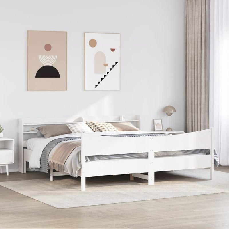 Cadru pat cu tăblie 200x200 cm, alb, lemn masiv de pin